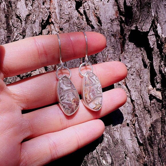 Earthbound Elegance: Crazy Lace Agate Earrings, Handmade by Me, Sterling Silver - Picture 1 of 5